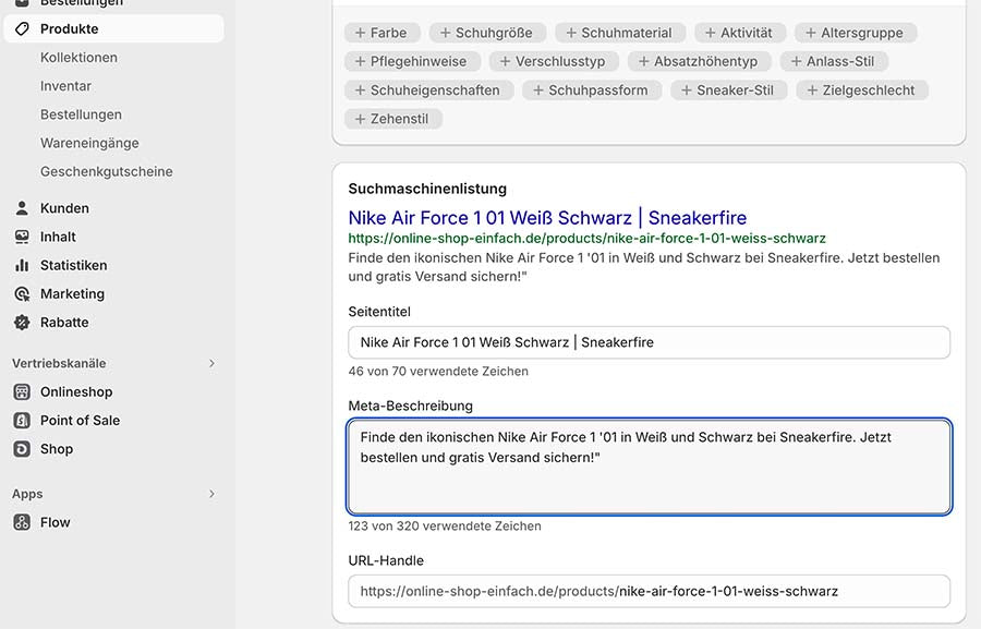shopify snippet metabeschreibung